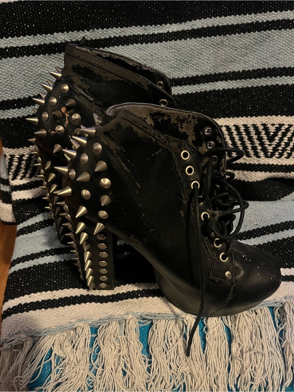 Black Spiked Lace-Up Platform Heels (worn)